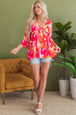 Orange Babydoll blouse with abstract print, 3/4 sleeves, V -neck, flying