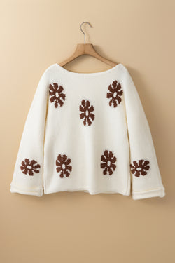 White round-neck sweater with color block floral pattern