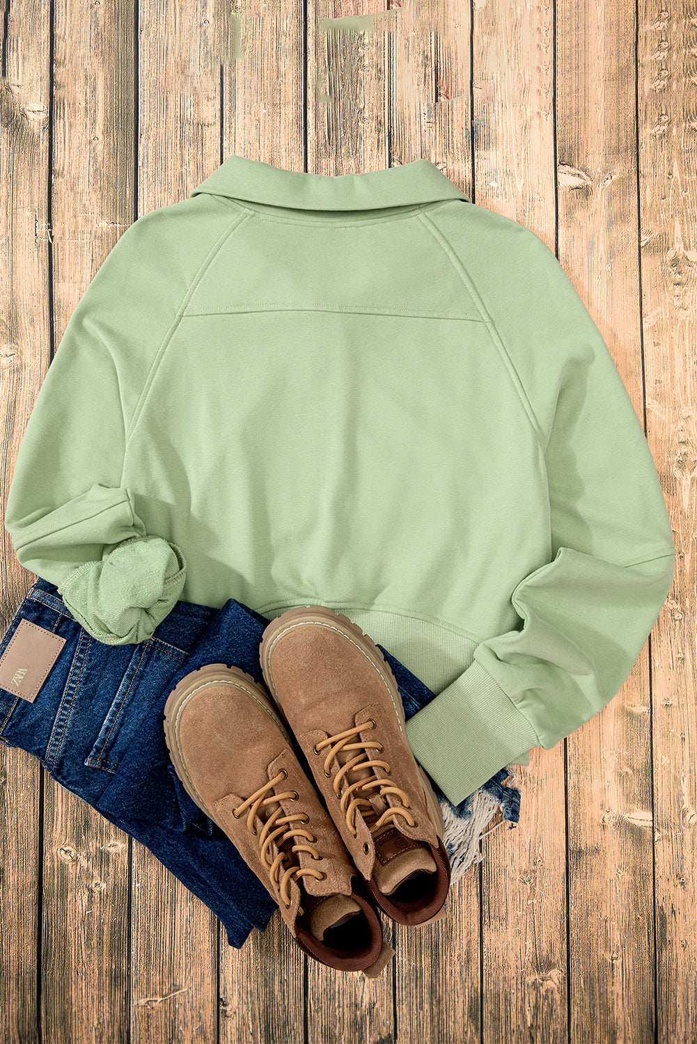 Smoke green sweatshirt with kangaroo pocket and stand-up collar with quarter zip