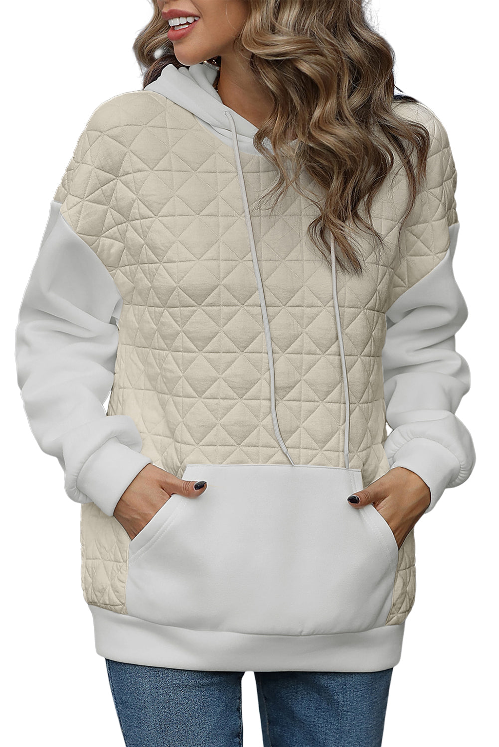 Beige Drop Shoulder Quilted Patchwork Kangaroo Pocket Hoodie