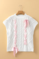 Short sleeve sweater in white twisted knitted with bow tie in satin color block