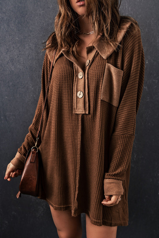 Brown Waffle Knit Button-Up Long Sleeve Top