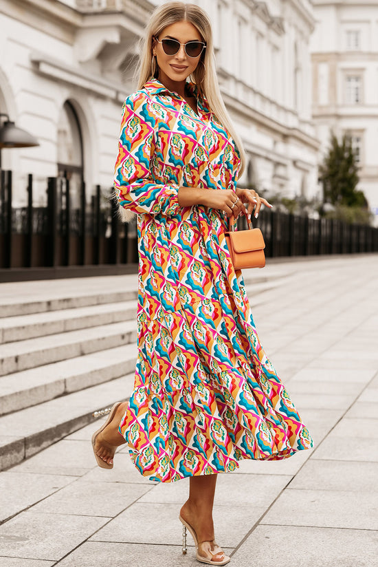 High waisted dress with long sleeves and multi-colored abstract geometric print