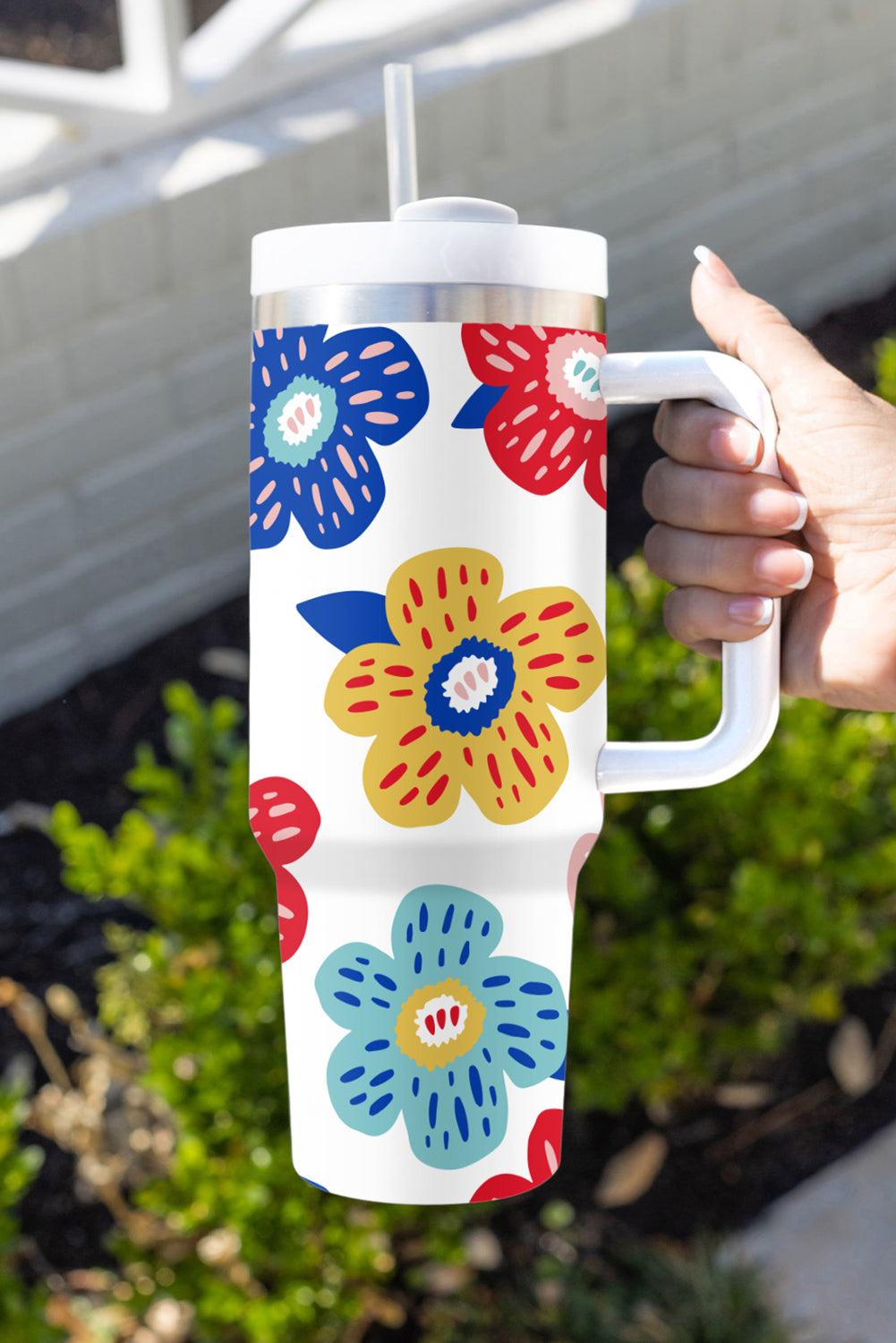 Tasse à vide en acier inoxydable à motif de fleurs blanches avec poignée 40oz