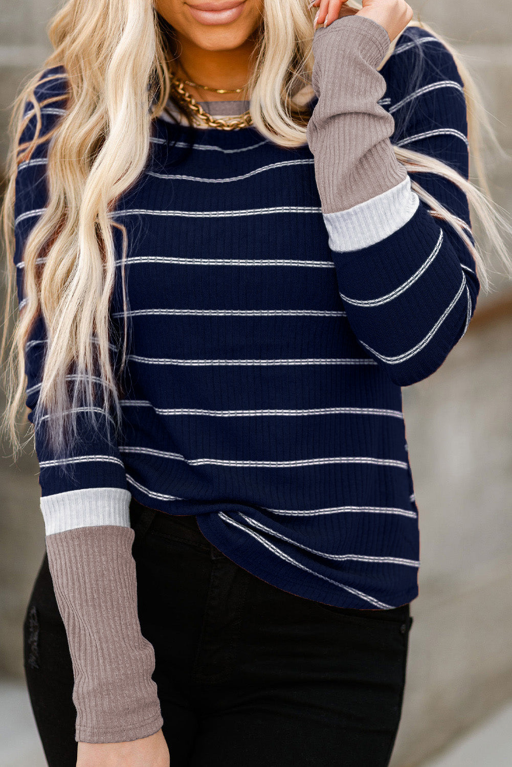 Blue Extend Color Block Cuffs Rib Trizt Striped Pullover