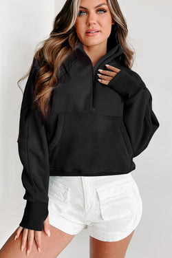 Black sweatshirt with stand-up collar and kangaroo pocket with quarter-turn zip