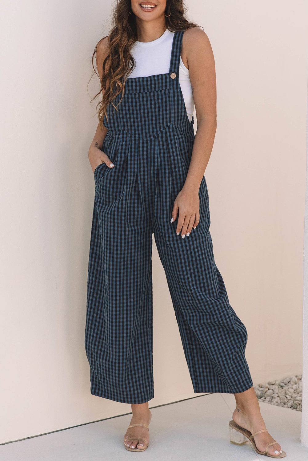 Blue Sail Plaid Print Buttoned High Waisted Overalls