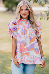 Blouse rose à imprimé abstrait et manches bouffantes avec smocks-A WOMAN WE LOVE