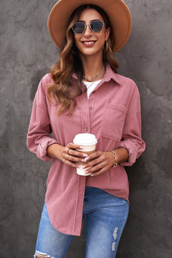 Pink shirt with ribbed velvet buttoned pocket