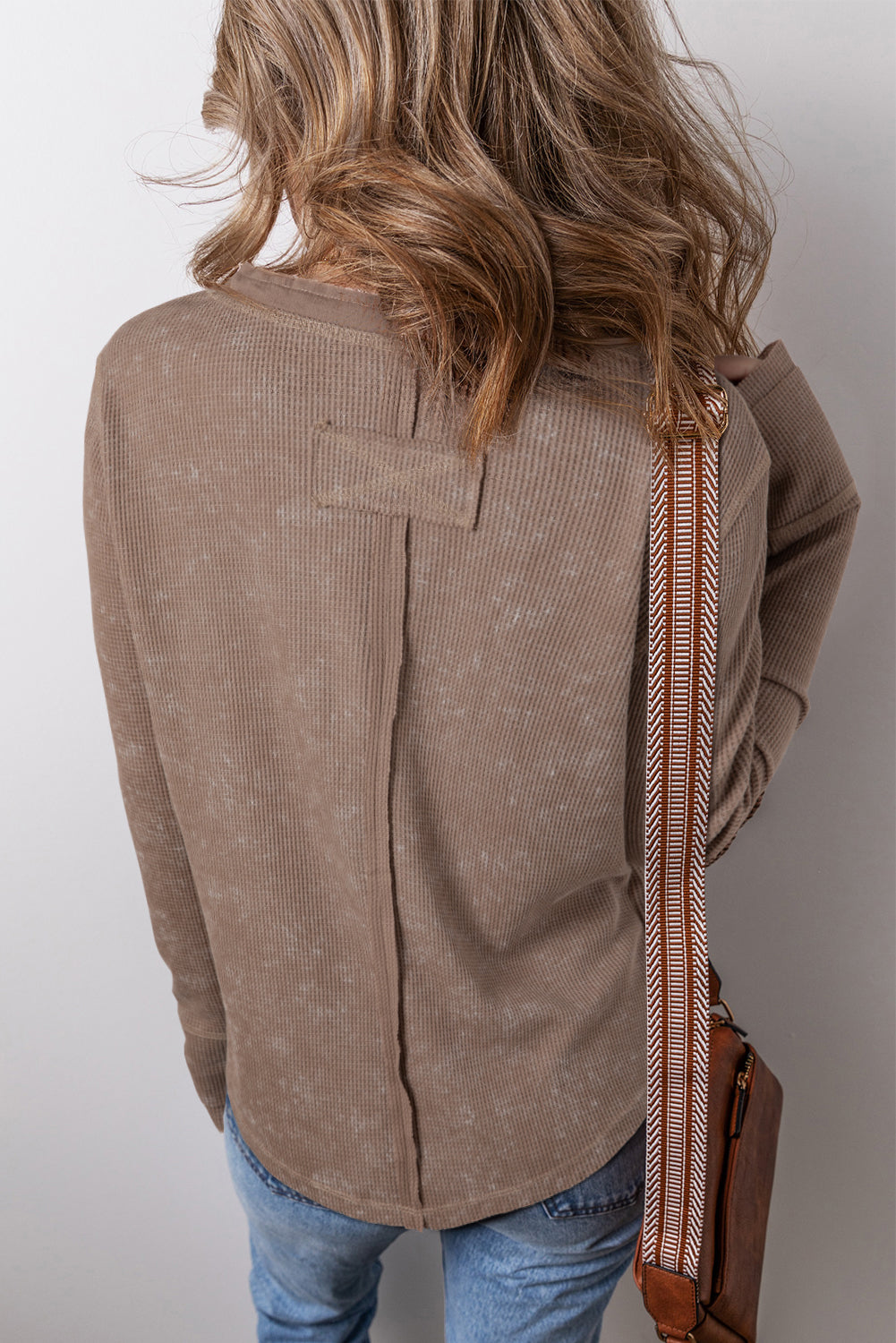 Coffee Acid Wash Waffle Knit Buttoned Neckline Long Sleeve Top