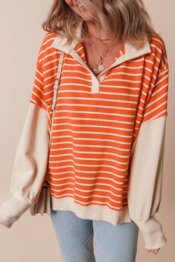 Orange striped and color block sweatshirt, loose fit, dropped collar and shoulders