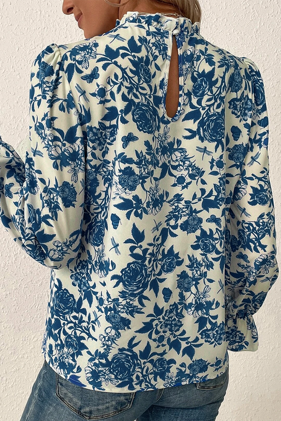 Sky blue blouse with floral print and ruffle sleeves *