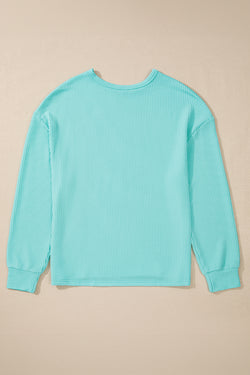 Aruba Blue Solid Color Wired Knit Crew Neck Top