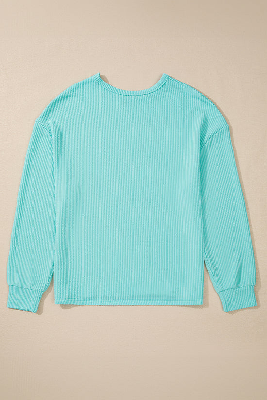 Aruba Blue Solid Color Wired Knit Crew Neck Top