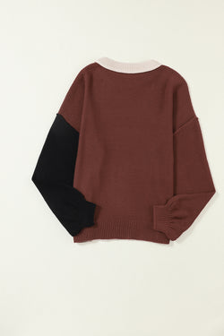 Ribbed border sweater with roller coats color block coffee