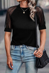 Black ribbed t-shirt with striped and round-colored mesh sleeves