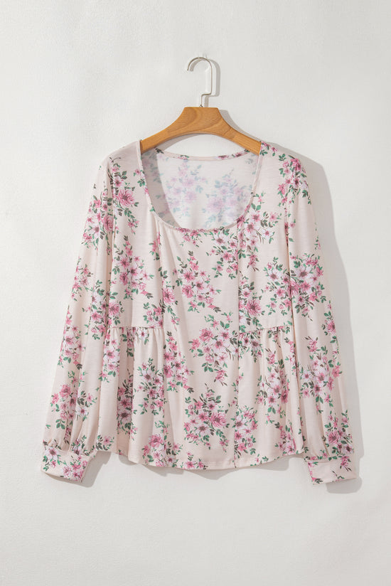 Floated pink blouse with floral print and u collar, loose cut