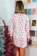 Vestido nocturno Camisa de Navidad rosa impresa árbol espumoso estampado