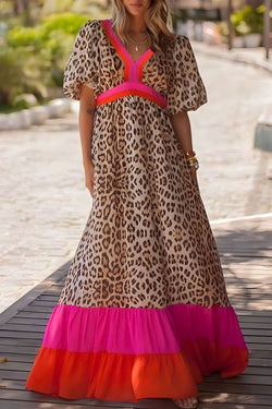 Posquejo de bloque de color de vestido de leopardo largo.