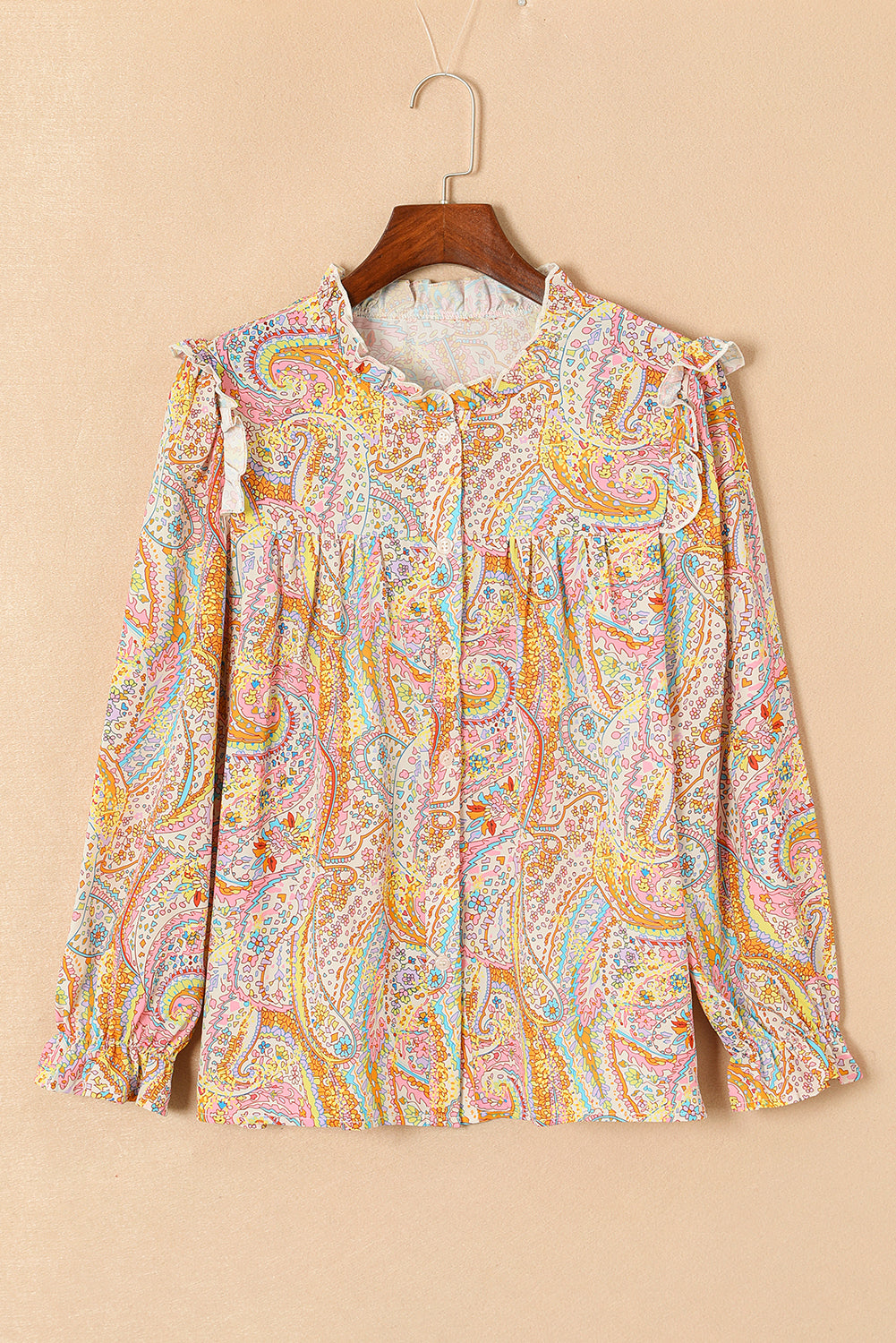 Jaune Paisley Print Ruffled Trim Boho Shirt