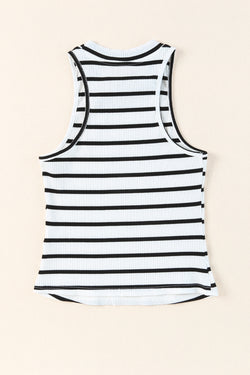 Ribbed sleeveless top with round neck and white striped print