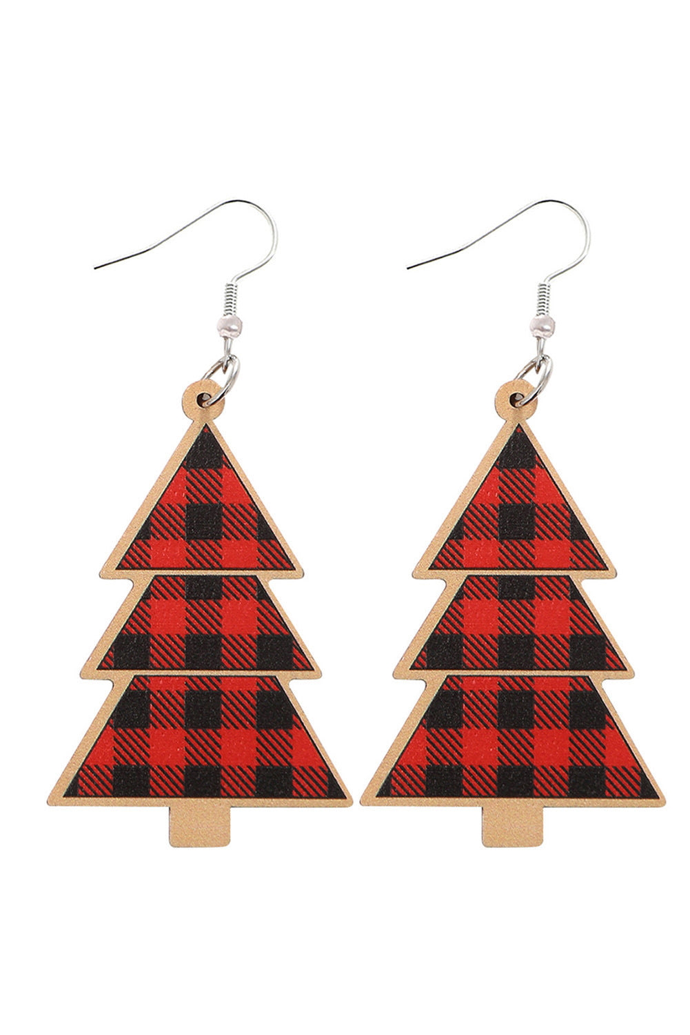 Boucles d'oreilles pendantes en bois d'arbre de Noël à carreaux rouges