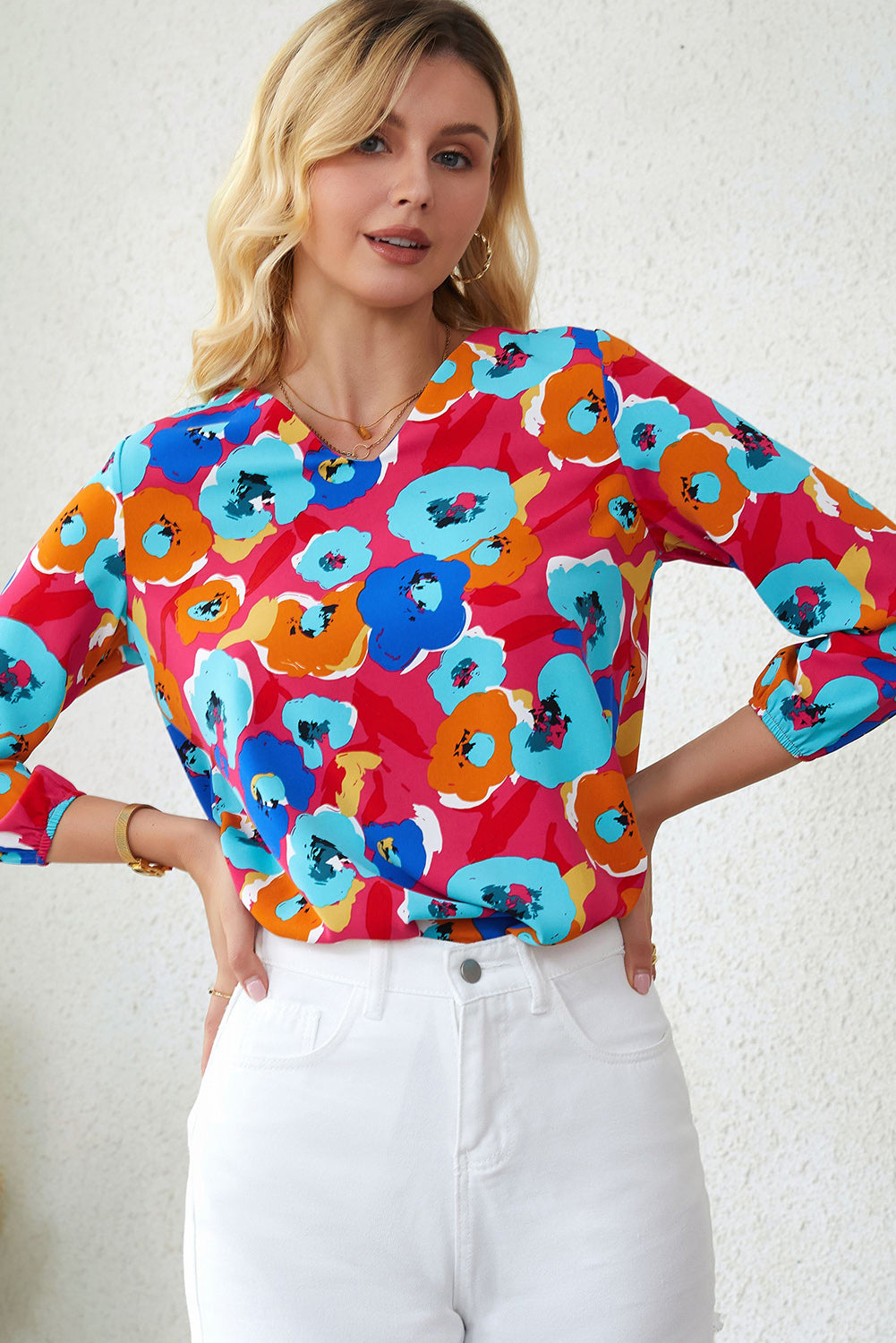 Rose Multicolor Floral Print V Neck 3/4 manga blusa