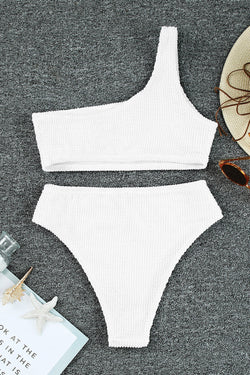 Maillot de bain bikini asymétrique texturé froissé blanc à une épaule