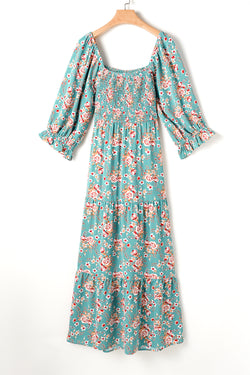 Smocked long dress with floral print and large green square collar