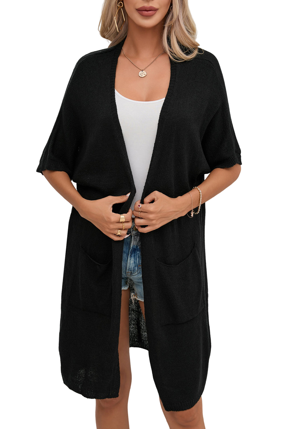 Black Dolman mezza manica in tasca lunga cardigan