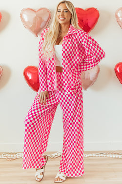 Ensemble pyjama chemise boutonnée à carreaux rose et pantalon taille haute