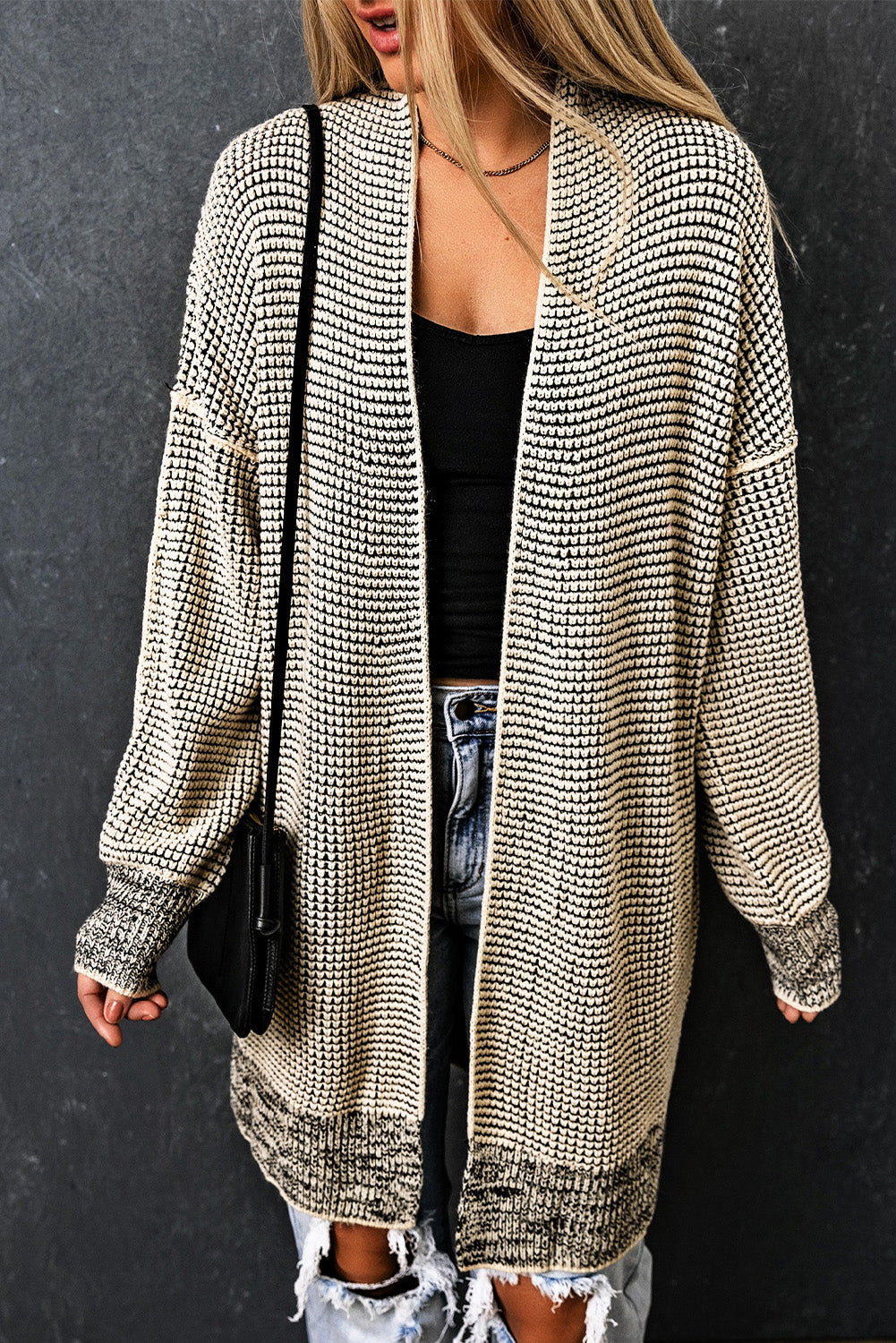 Cardigan long tricoté à carreaux abricot ouvert sur le devant-A WOMAN WE LOVE