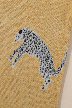 Fuzzy camel crew neck sweater with cheetah accent