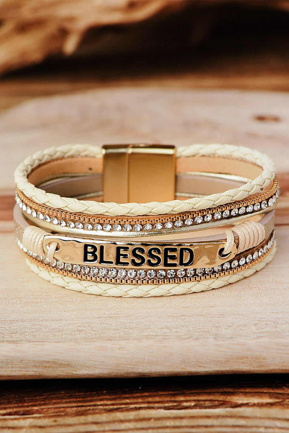 Bracelet beige à boucle tressée avec strass BLESSED