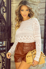 Chemisier à manches longues en dentelle géométrique boutonnée blanc-A WOMAN WE LOVE