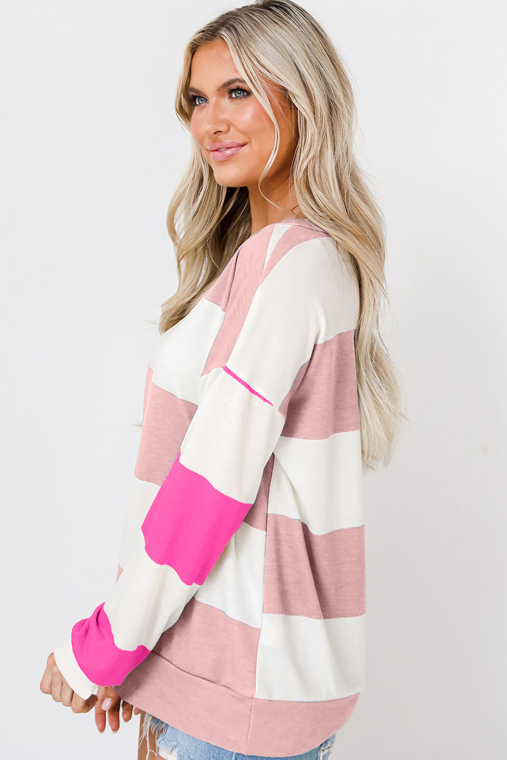Light Pink Color Block Striped Drop Shoulder Long Sleeve Top