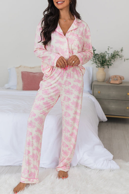 Pink pajama set with long sleeves and flower pants