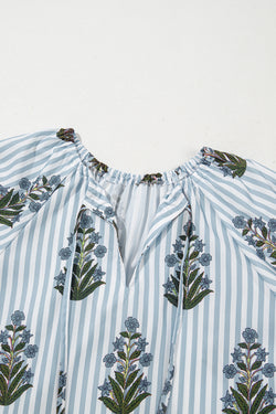 Beautiful Blue - Long sleeve blouse and floral print with striped and collar in tied