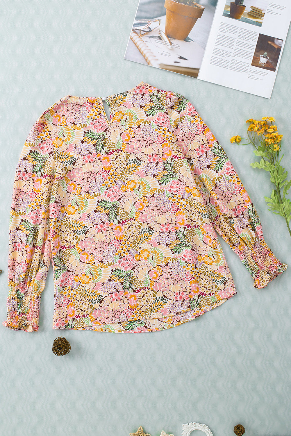 Blouse florale à manches bouffantes jaunes