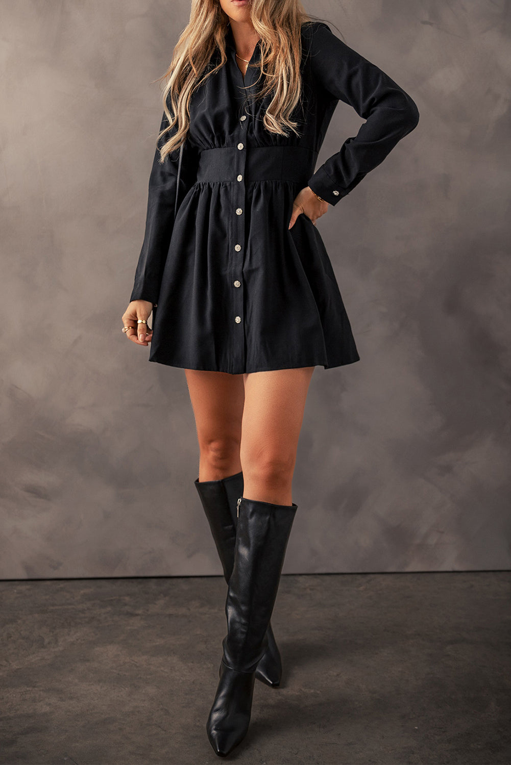 Mini-Robe long-waisted long-waisted sleeve shirt black elastic
