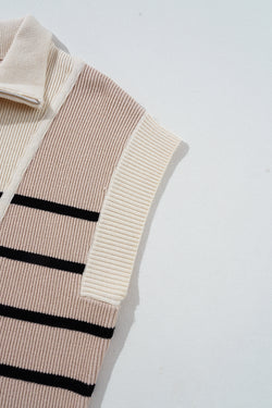 Short -sleeved sweater dress and zipped collar with khaki stripes