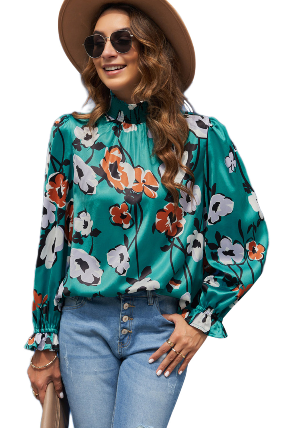 Florale Druckkrümmungsbluse geschockte Scheinhalsbluse