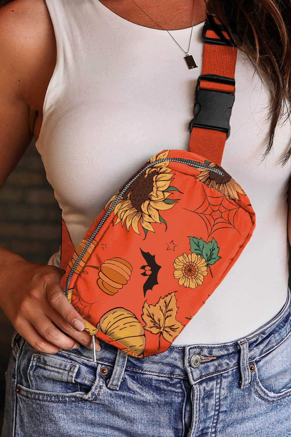 Sac à bandoulière graphique d'Halloween citrouille tournesol orange