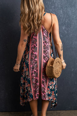 Bohemian pink floral print patchwork long summer dress