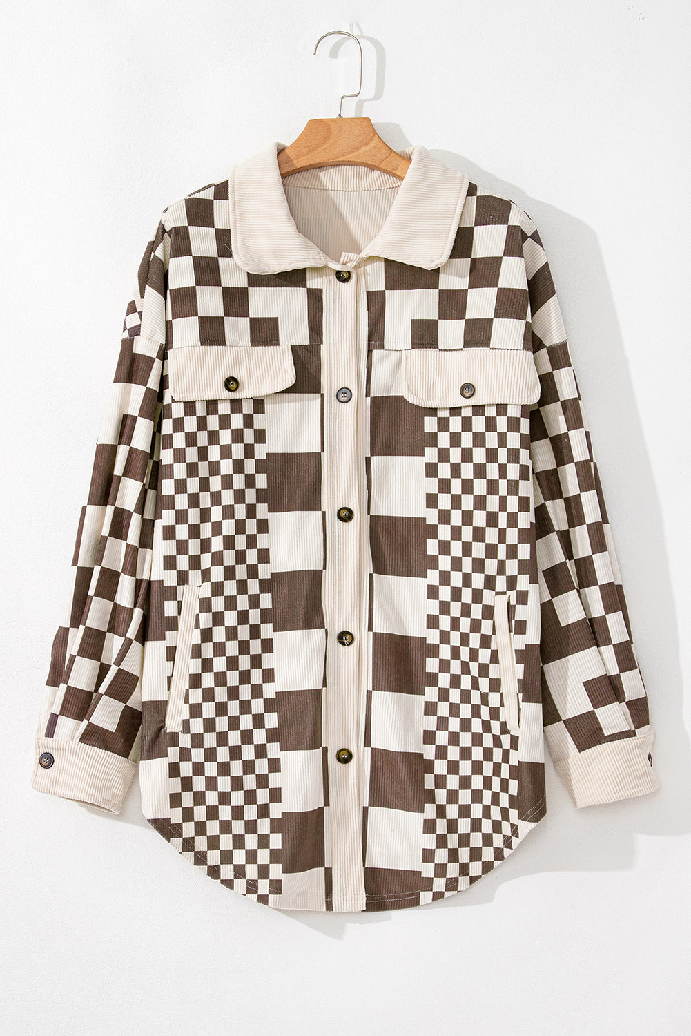 Brown Corduroy Long Jacket with Plaid and Color Block Print, Plus Size