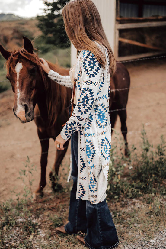 Long cardigan open on the front western Aztec print blue sky