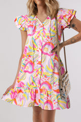 Robe boutonnée à manches flottantes et à volants floraux abstraits rose