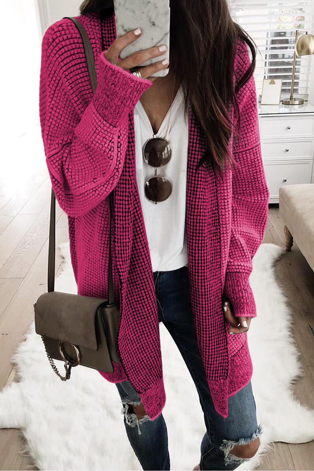 Rose Plaid a maglia a maglia con cardigan anteriore aperto lungo