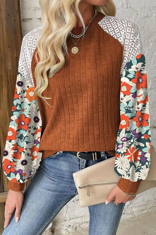 Long sleeve ribbed blouse and Cinnamon floral patchwork