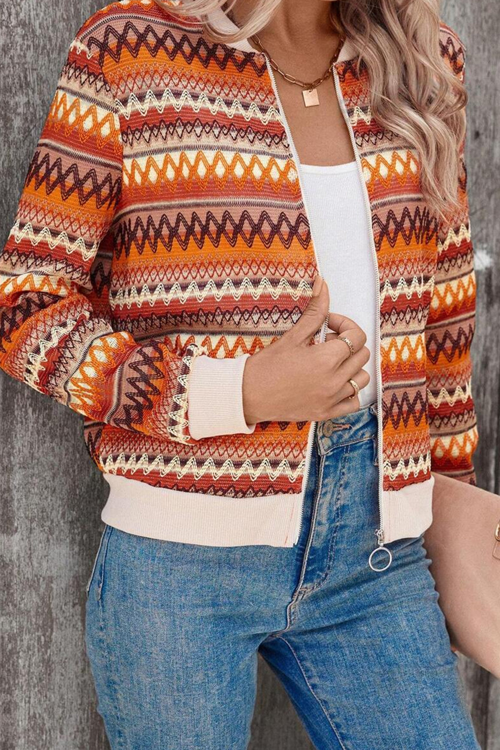 Veste orange à manches longues zippée à rayures Boho